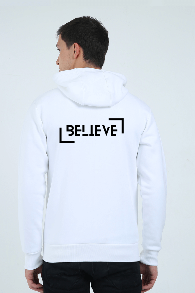 Man wearing a white Believe Heavyweight Zipper Hoodie showcasing its stylish back design.
