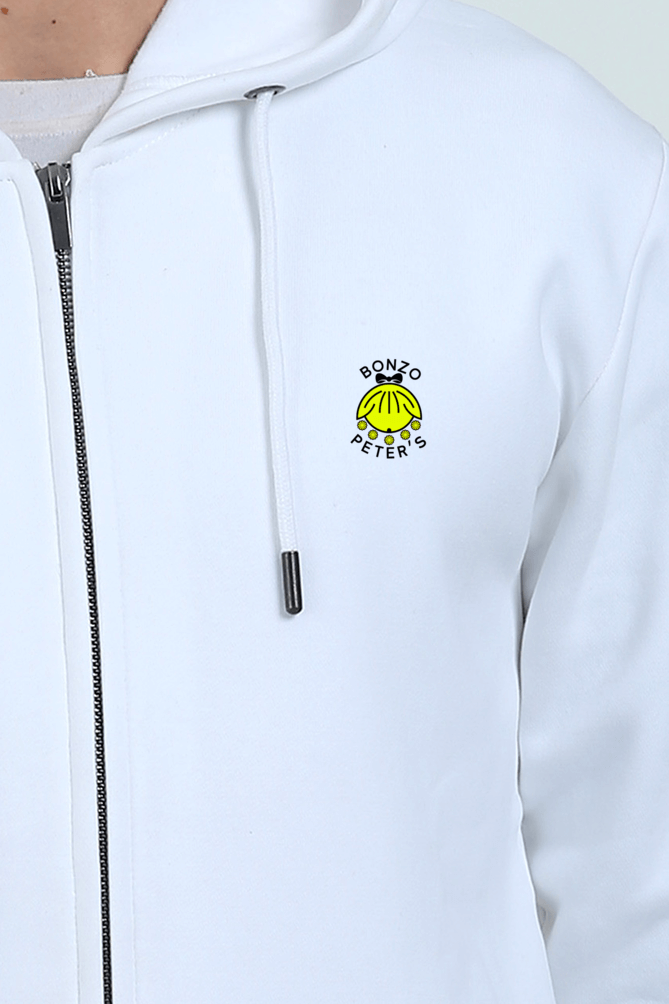White zip-up hoodie featuring a vibrant Bonzo Peters logo on the chest, perfect for casual style and comfort.