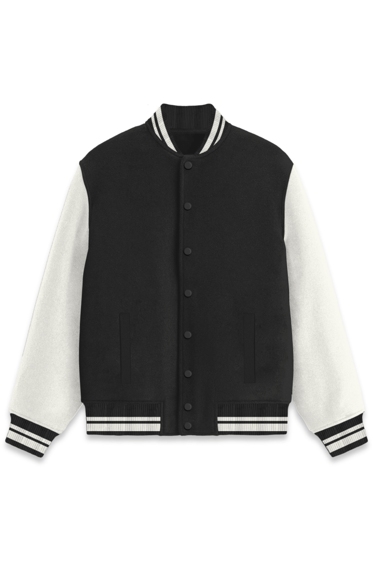 Plain varsity jacket in black and white, featuring ribbed hems, button closure, and front pockets for comfort and style.