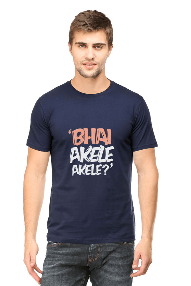 Man wearing 'Bhai Akele Akele' funky round neck t-shirt in navy blue, made with 180 GSM super combed bio-washed fabric.
