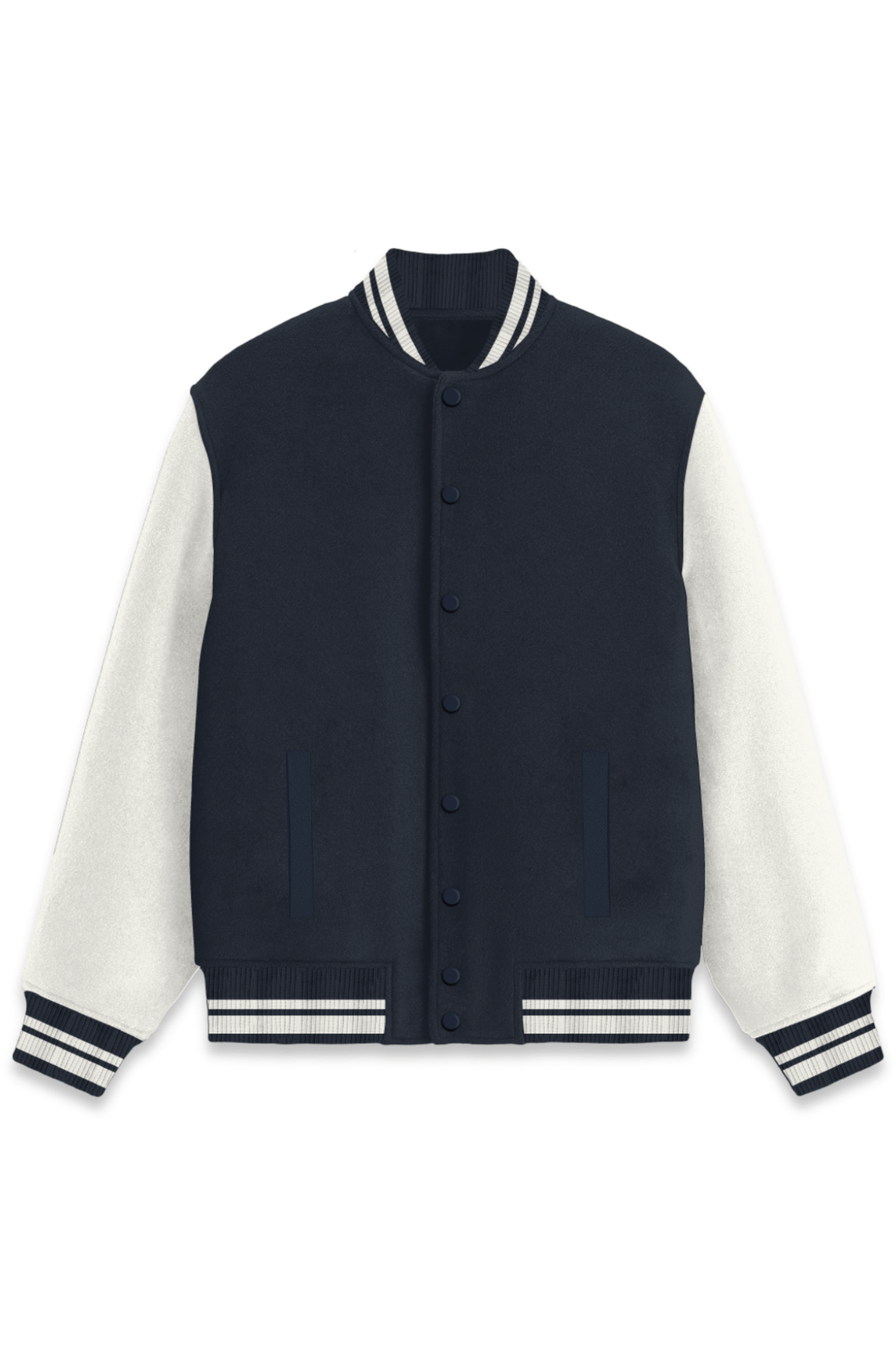 Plain varsity jacket in navy and white, featuring ribbed hems, button closure, and two front pockets for stylish comfort.
