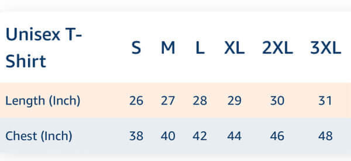 Size chart for Bonzo Peter's unisex round-neck T-shirt with chest and length measurements