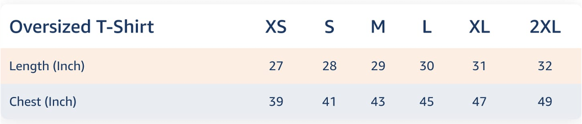 Size chart for oversized t-shirts showing length and chest measurements for sizes XS, S, M, L, XL, and 2XL.