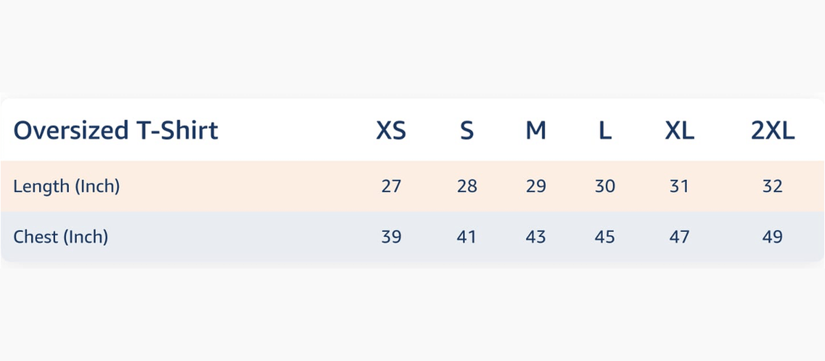 Size chart for Bonzo Peter's oversized T-shirt with chest and length measurements