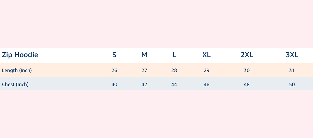 Size chart for Bonzo Peter's heavyweight zip hoodie with chest and length measurements