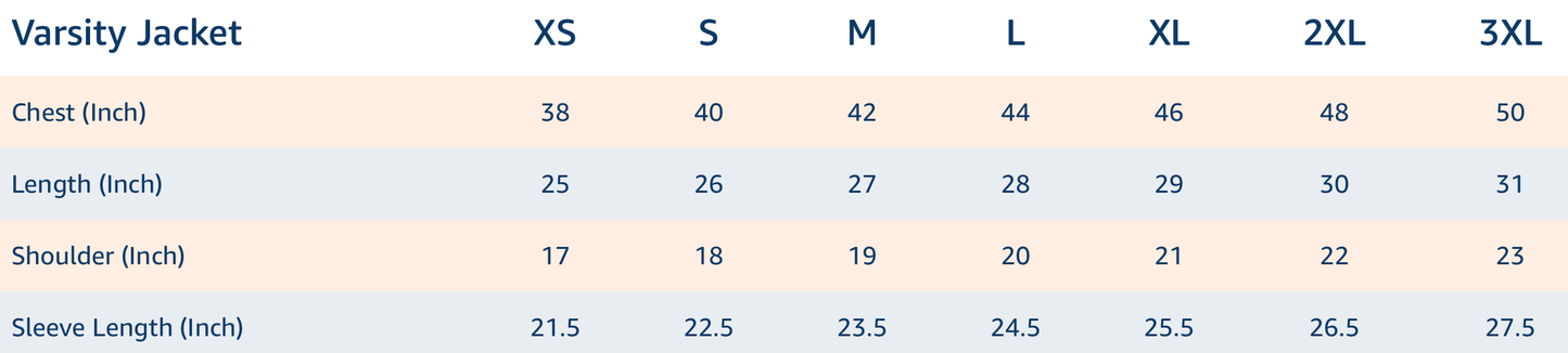 Size chart for Plain Varsity Jackets showing dimensions for XS to 3XL in inches, including chest, length, shoulder, and sleeve length.