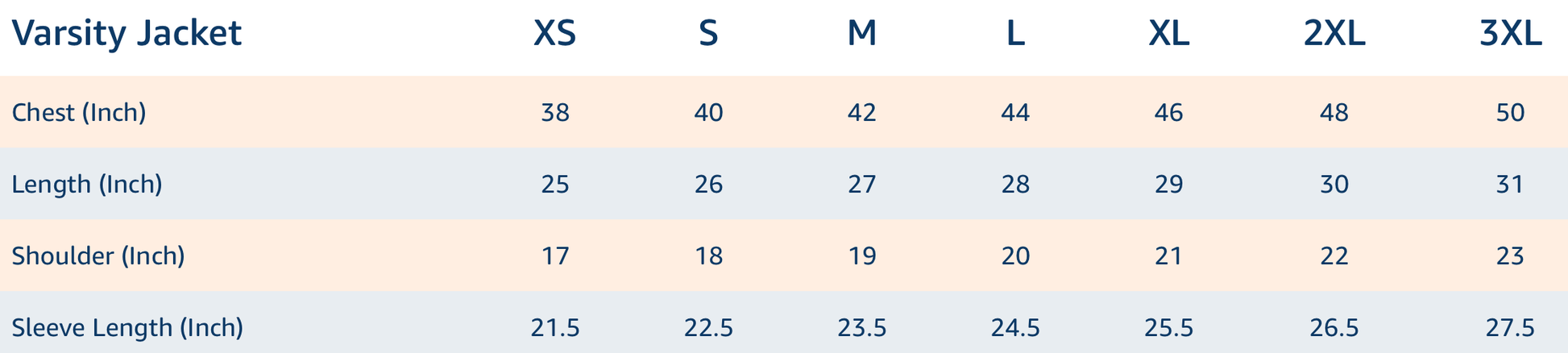 Size chart for Plain Varsity Jackets showing dimensions for XS to 3XL in inches, including chest, length, shoulder, and sleeve length.