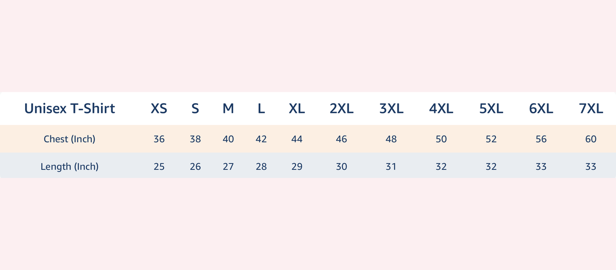 Size chart for Bonzo Peter's unisex round-neck T-shirt with chest and length measurements