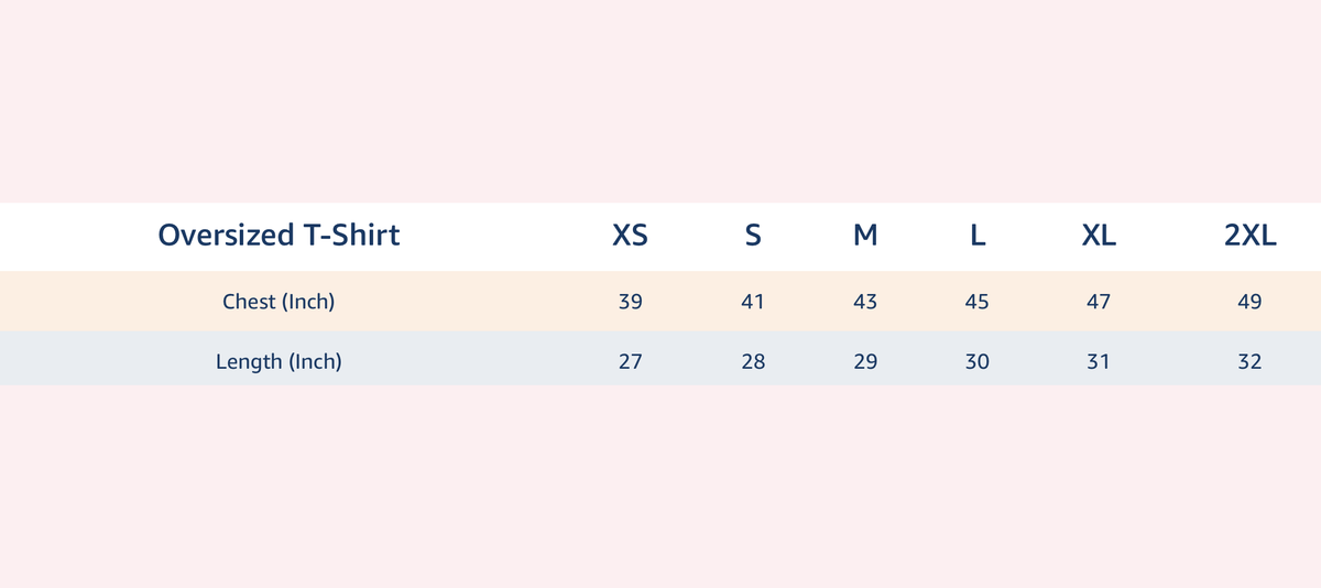 Size chart for Bonzo Peter's oversized T-shirt with chest and length measurements