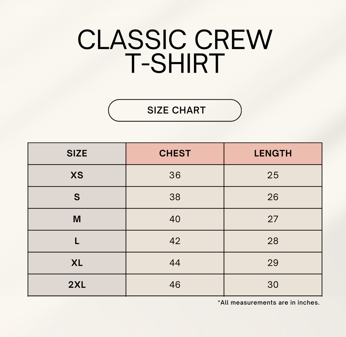 Size chart for Bonzo Peter's regular fit round-neck T-shirt with chest and length measurements