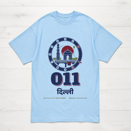 011 दिल्ली oversized T-shirt in baby blue, flat lay front view – Bonzo Peter's