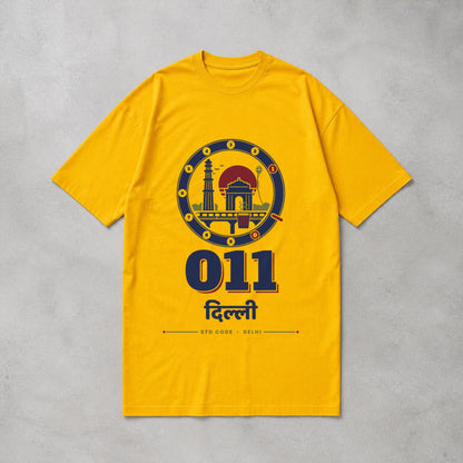 011 Delhi STD code oversized T-shirt in golden yellow, flat lay front view – Bonzo Peter's