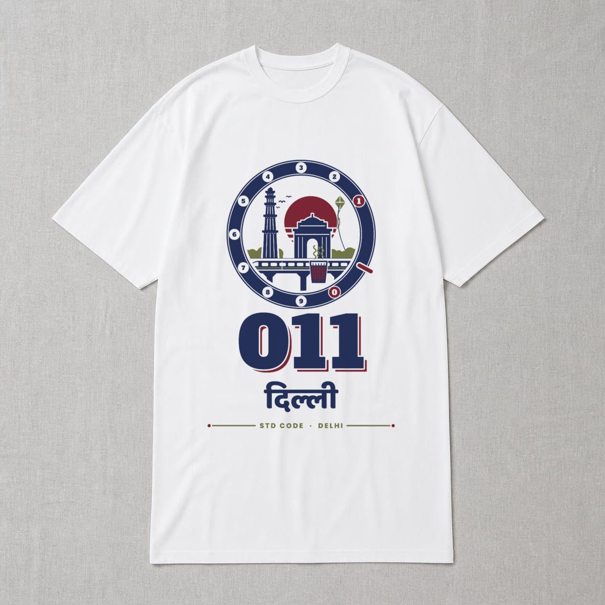 011 दिल्ली Delhi STD code oversized T-shirt in white, flat lay front view – Bonzo Peter's