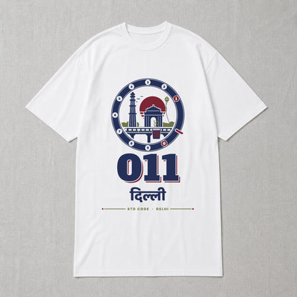 011 दिल्ली Delhi STD code oversized T-shirt in white, flat lay front view – Bonzo Peter's