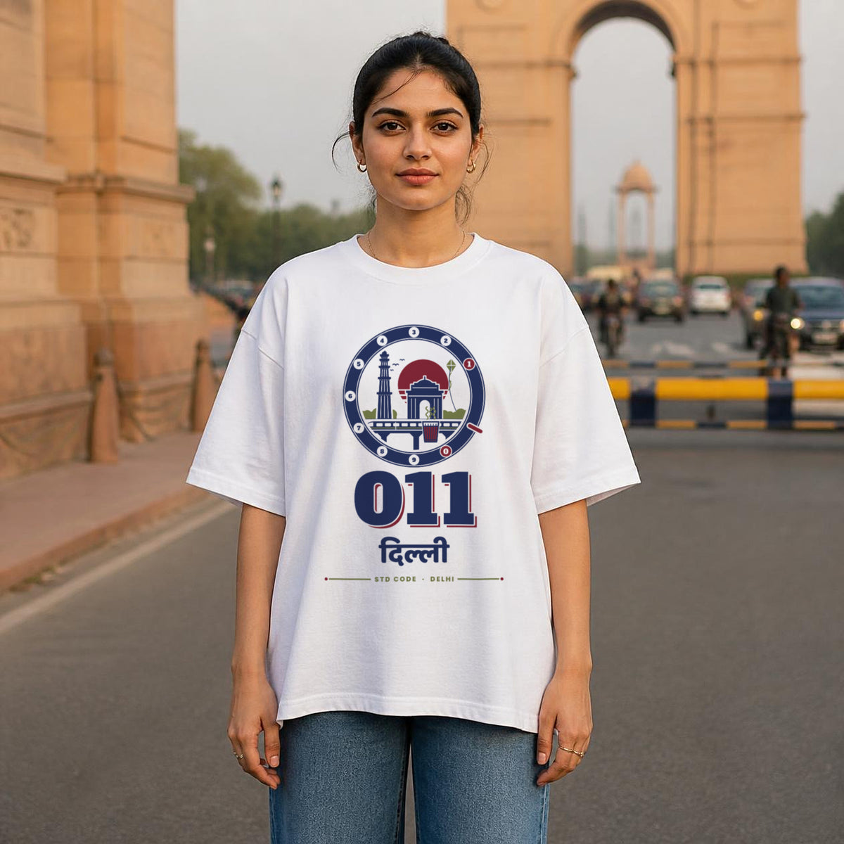 011 Dilli oversized cotton T-shirt in white, woman wearing it at India Gate, Delhi – Bonzo Peter's