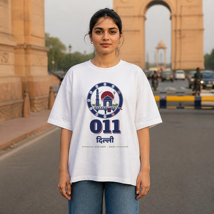 011 Dilli oversized cotton T-shirt in white, woman wearing it at India Gate, Delhi – Bonzo Peter's