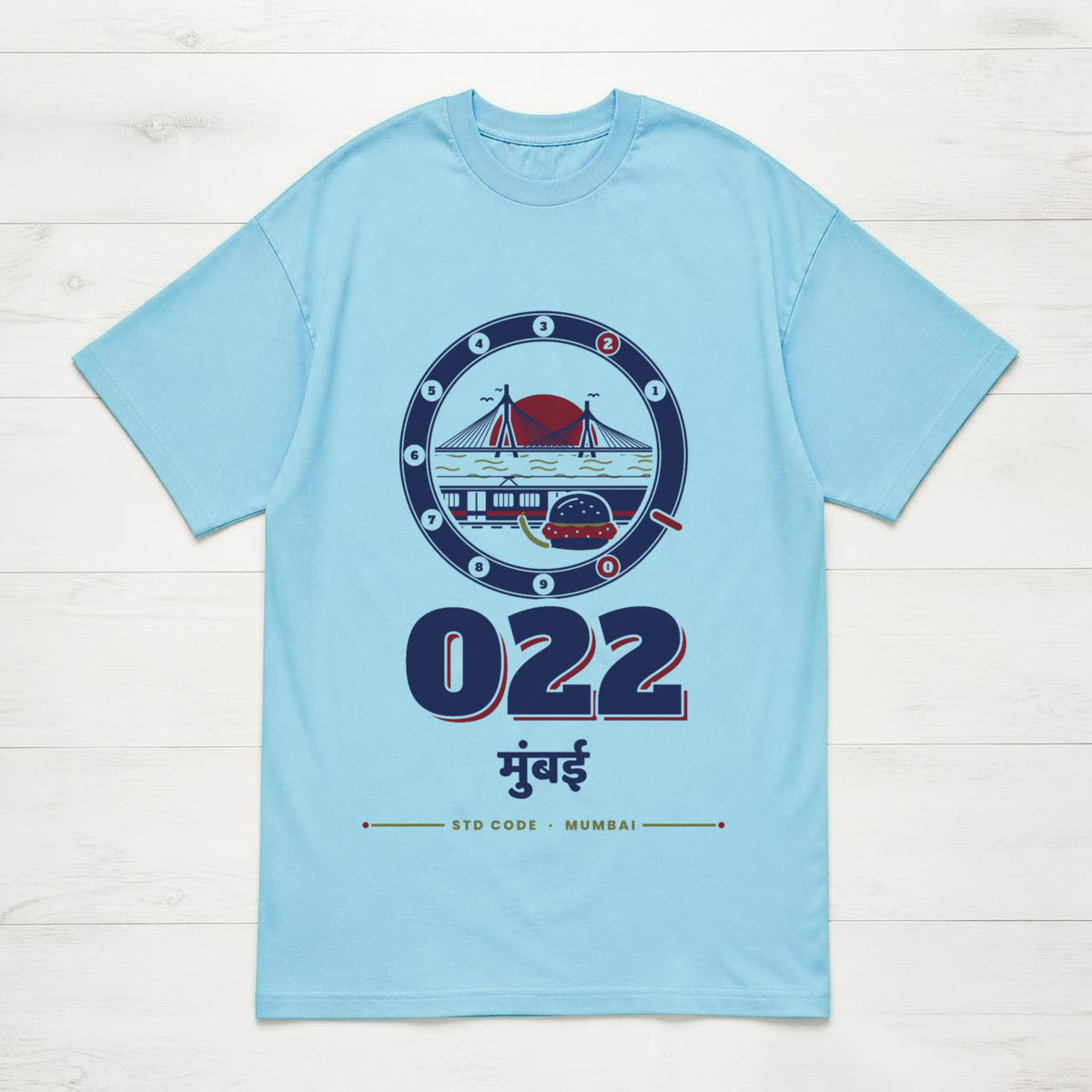 022 Mumbai oversized cotton T-shirt in baby blue, flat lay front view, Bonzo Peter's