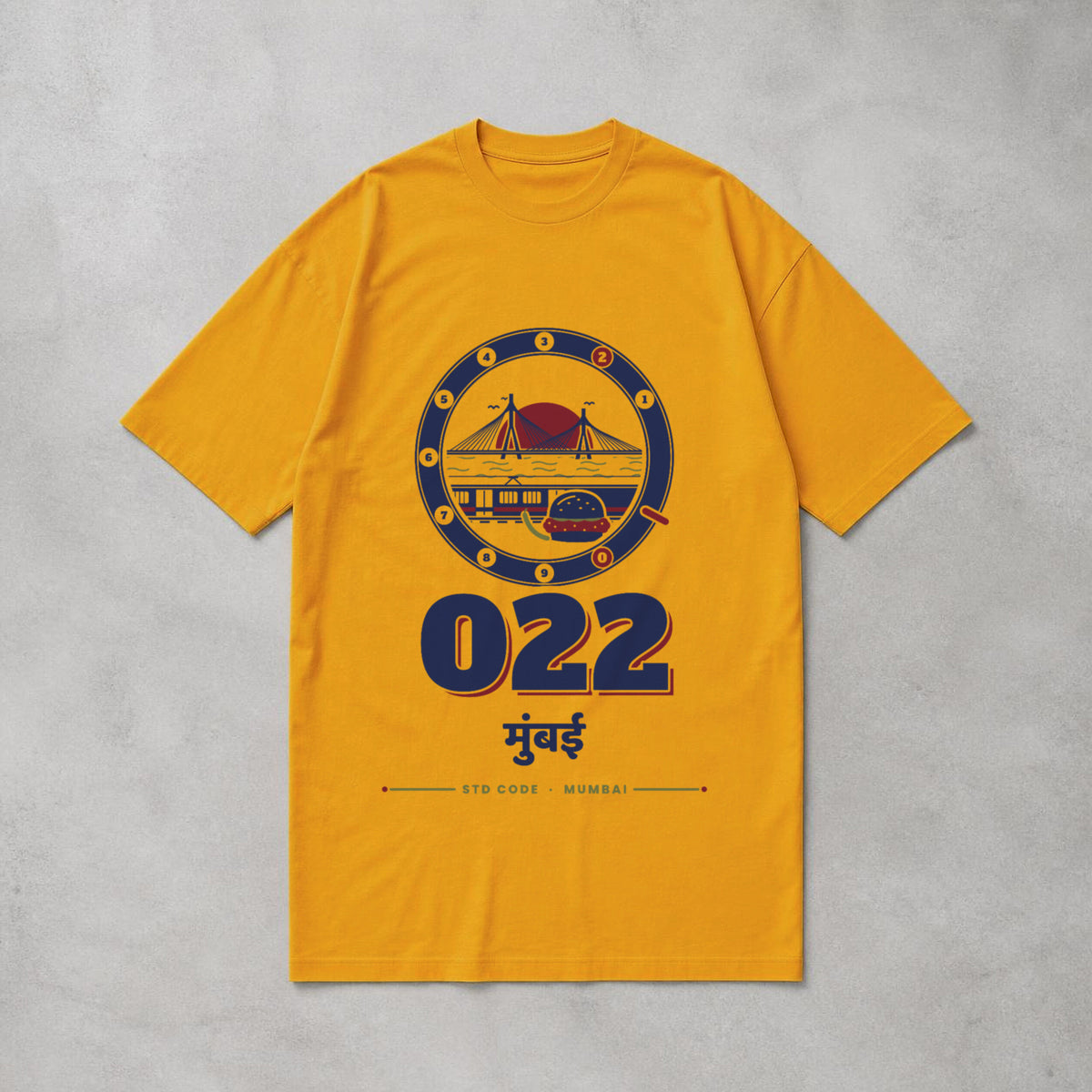 022 Mumbai oversized cotton T-shirt in golden yellow, flat lay front view, Bonzo Peter's