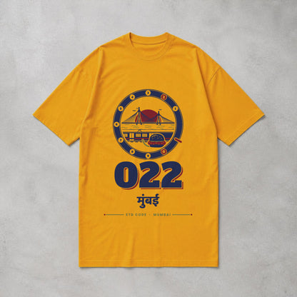 022 Mumbai oversized cotton T-shirt in golden yellow, flat lay front view, Bonzo Peter's