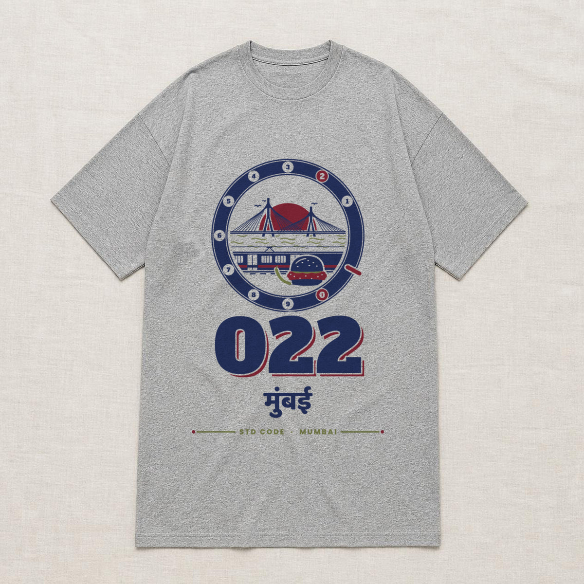 022 Mumbai oversized cotton T-shirt in grey melange, flat lay front view, Bonzo Peter's