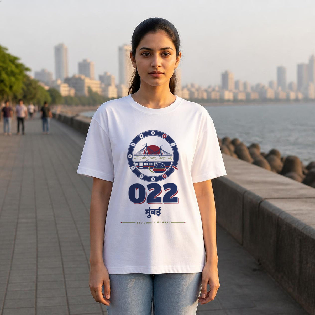 022 Mumbai STD code oversized cotton T-shirt in white, women's front view on Marine Drive, Bonzo Peter's