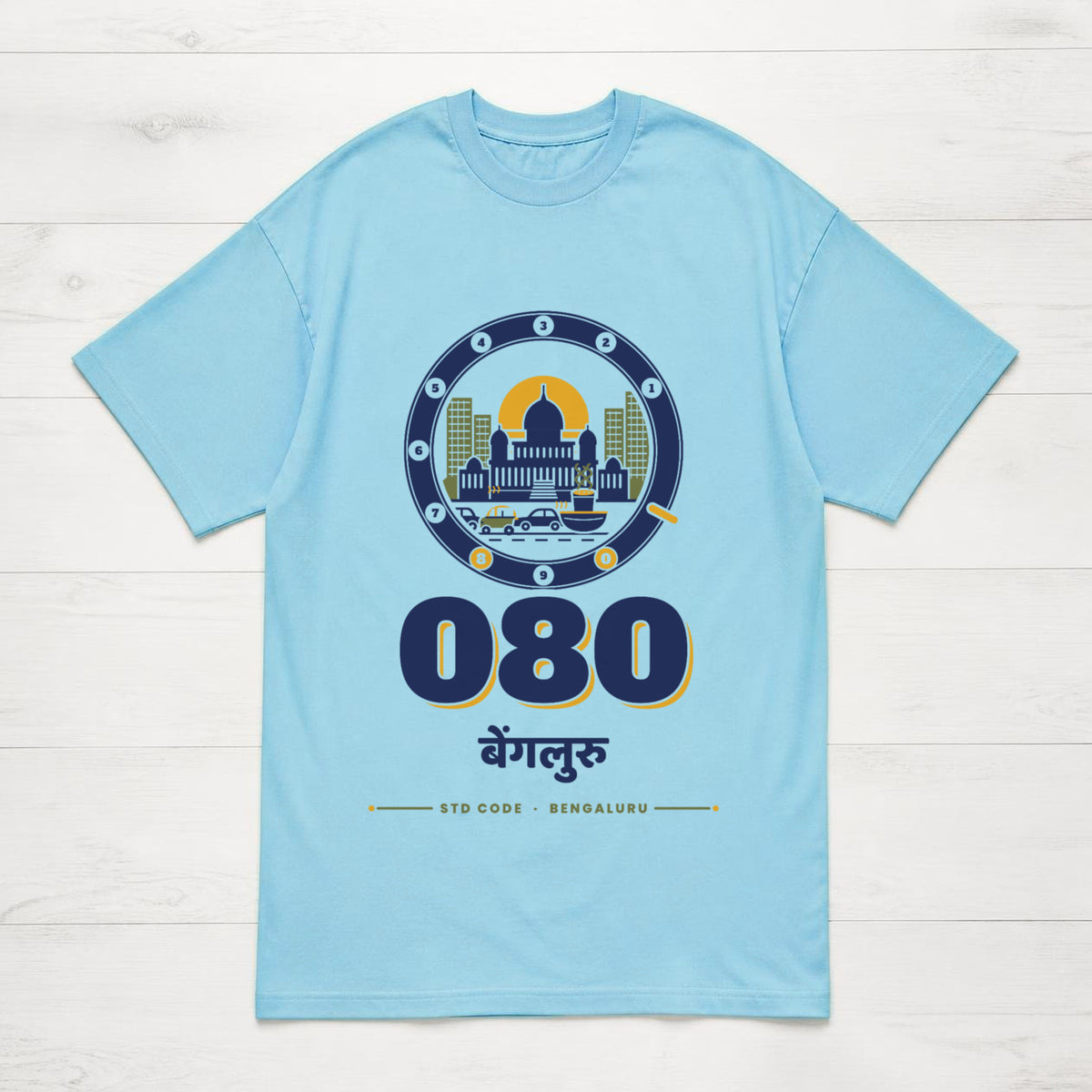 080 Bengaluru oversized cotton T-shirt in baby blue, flat lay front view, Bonzo Peter's