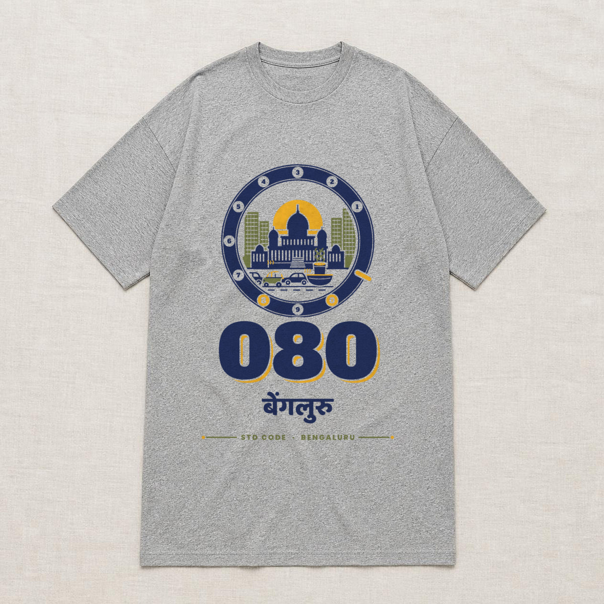 080 Bengaluru oversized cotton T-shirt in grey melange, flat lay front view, Bonzo Peter's