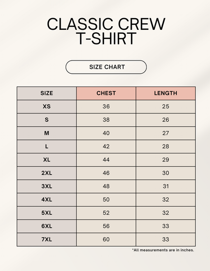 Size chart for Bonzo Peter's unisex round-neck T-shirt with chest and length measurements