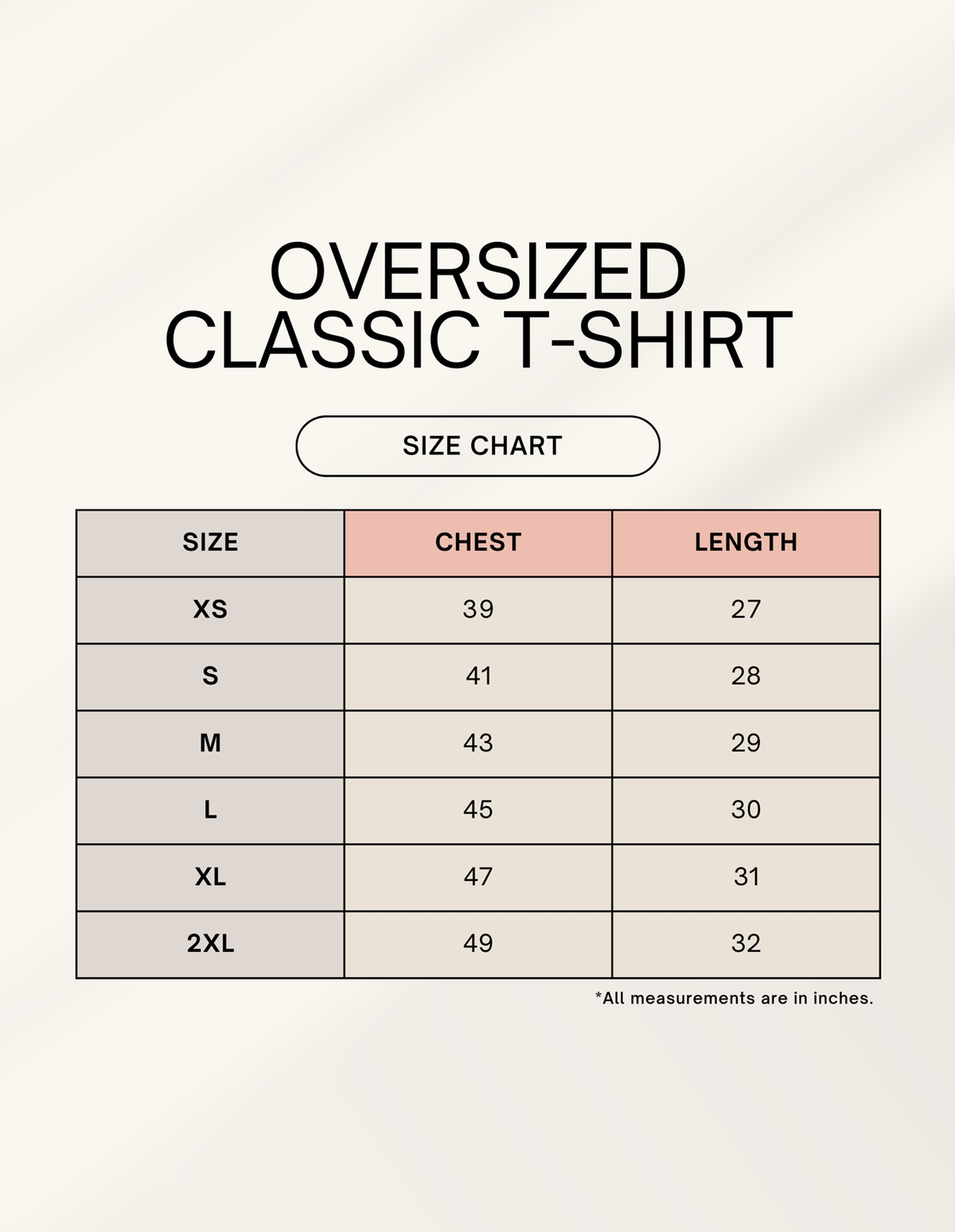 Size chart for the 011 Dilli oversized T-shirt – chest and length in inches, XS to XXL