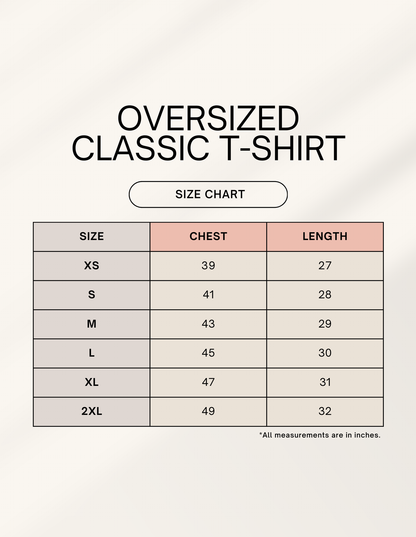 Size chart for the 011 Dilli oversized T-shirt – chest and length in inches, XS to XXL