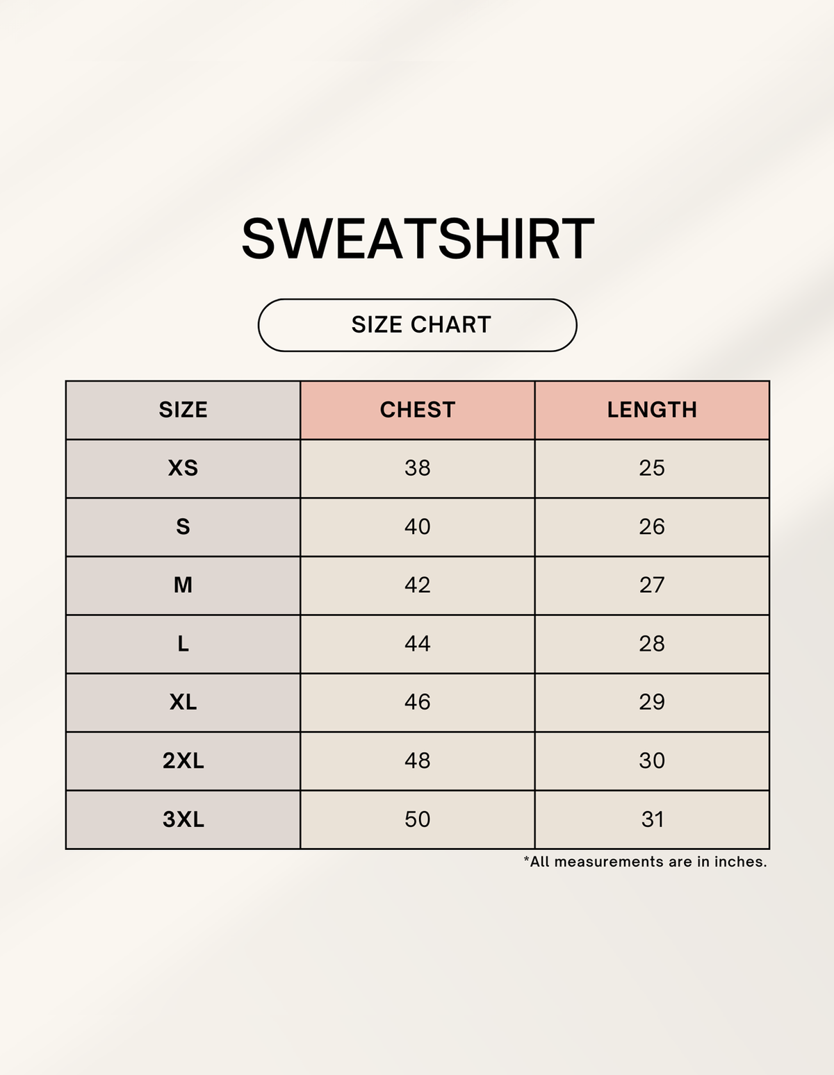 Size chart for Bonzo Peter's sweatshirt with chest and length measurements