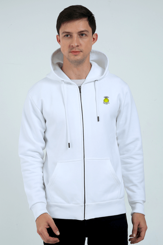 Man wearing a white Believe Heavyweight Zipper Hoodie, showcasing style and comfort with a front zipper and hoodie.
