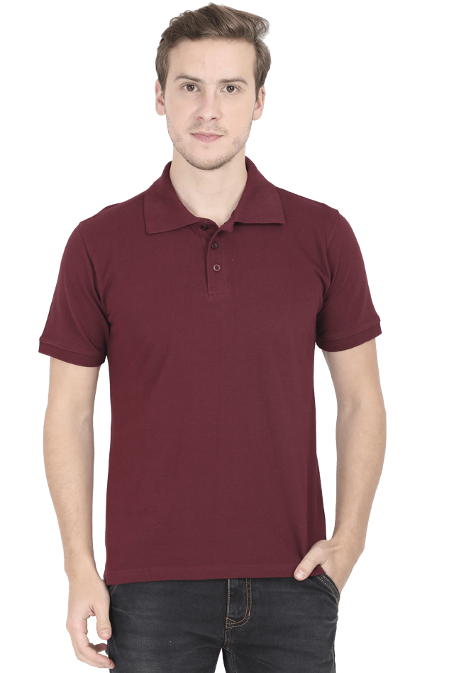Man wearing maroon plain polo T-shirt crafted from premium quality brushed fleece by Bonzo Peters.