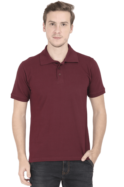 Man wearing maroon plain polo T-shirt crafted from premium quality brushed fleece by Bonzo Peters.