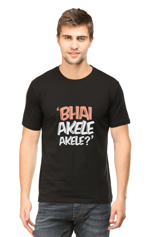 Man wearing a black round neck T-shirt with "Bhai Akele Akele?" text.