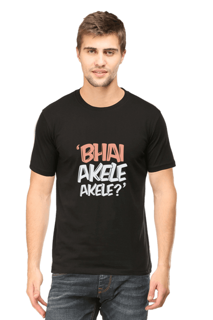 Man wearing a black round neck T-shirt with "Bhai Akele Akele?" text.