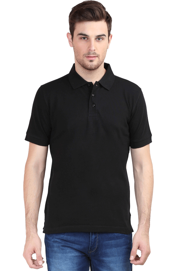 Model wearing black plain polo T-shirt by Bonzo Peters, made of premium brushed fleece, breathable 100% super combed cotton.