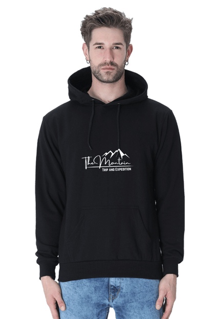 Unisex Mountain hooded sweatshirt in black, featuring logo and a cozy front pocket, perfect for stylish winter warmth.