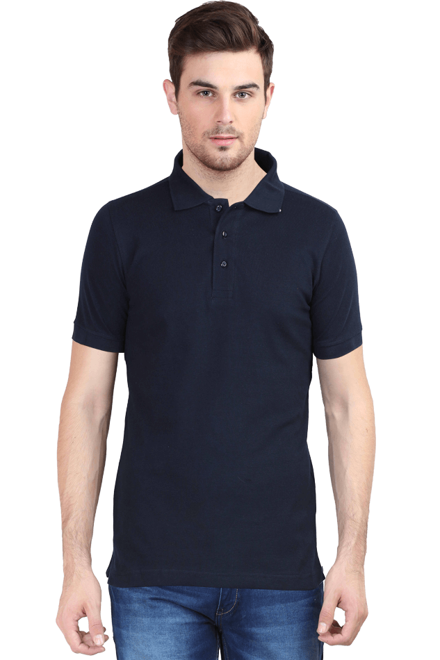 Man wearing a plain navy polo T-shirt by Bonzo Peters, crafted from premium quality brushed fleece and super combed cotton for ultimate comfort.