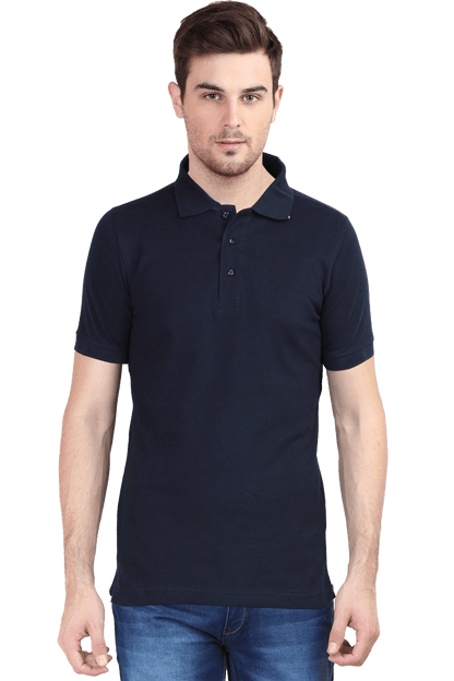 Man wearing a plain navy polo T-shirt by Bonzo Peters, crafted from premium quality brushed fleece and super combed cotton for ultimate comfort.