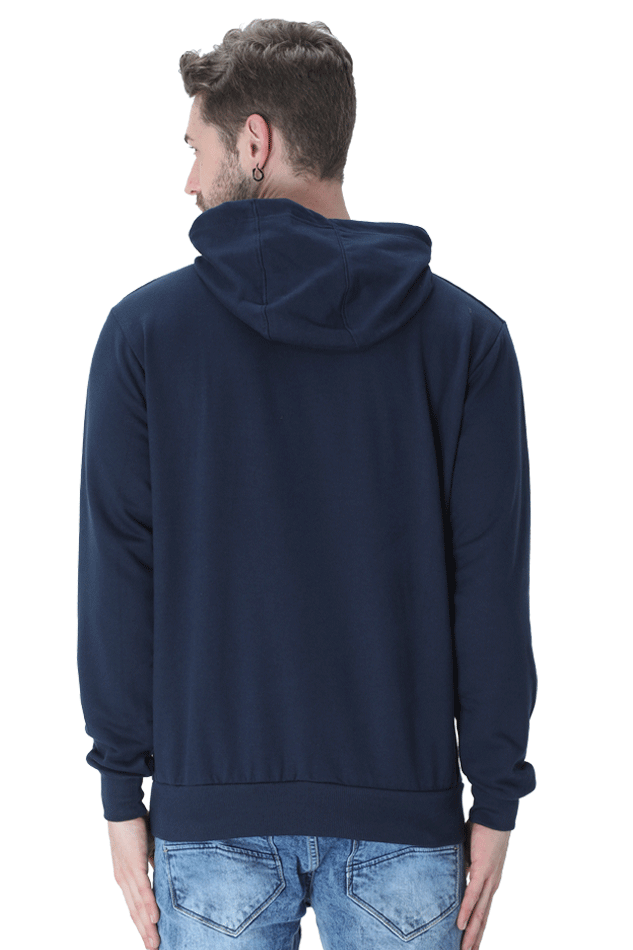 Unisex Mountain Hooded Sweatshirt in navy blue, showcasing the rear view with hood and comfortable fit. Perfect for winter wear.