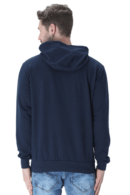 Unisex Mountain Hooded Sweatshirt in navy blue, showcasing the rear view with hood and comfortable fit. Perfect for winter wear.