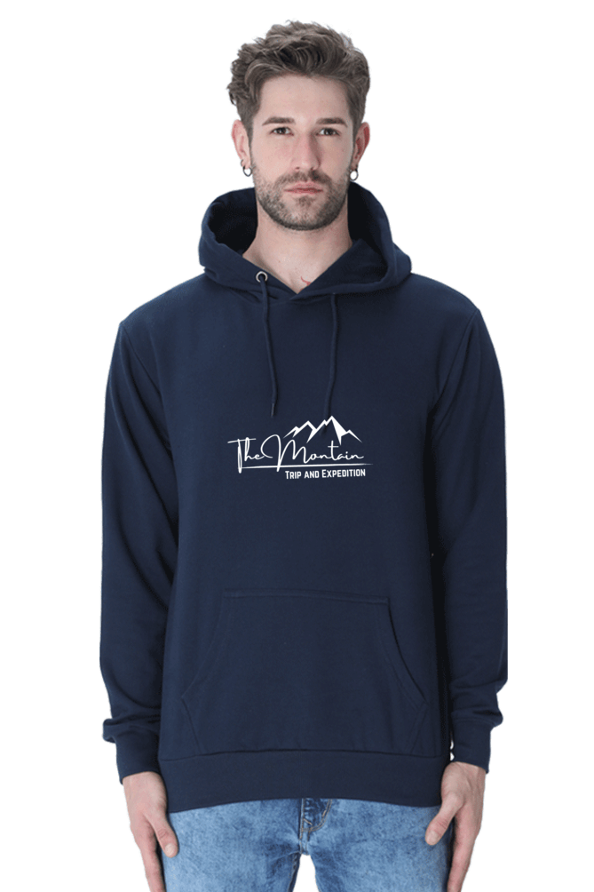 Unisex Mountain Hooded Sweatshirt in navy, featuring logo, perfect for warmth and style in winter.
