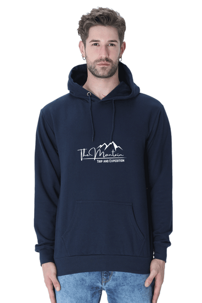 Unisex Mountain Hooded Sweatshirt in navy, featuring logo, perfect for warmth and style in winter.