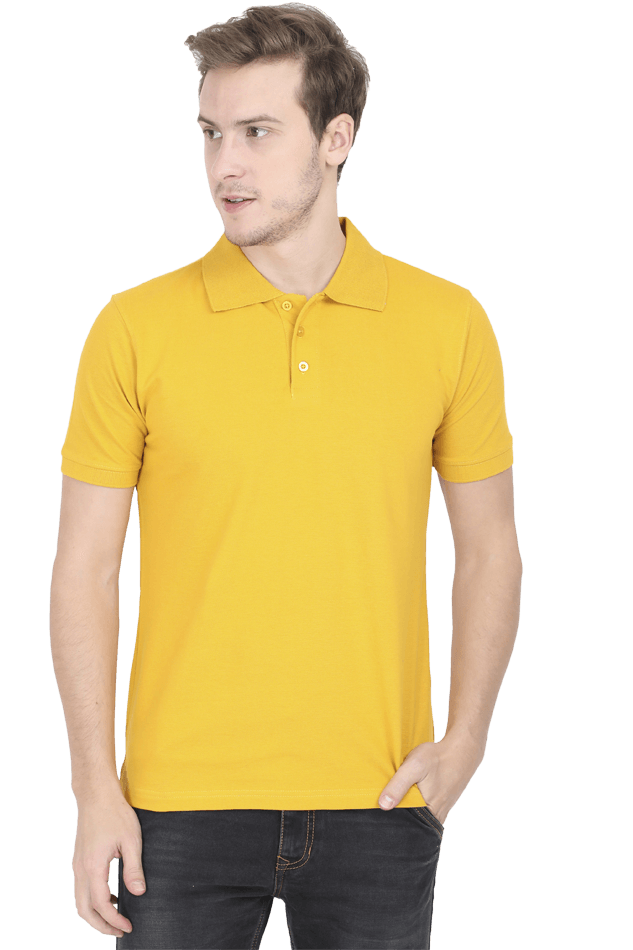 Man wearing a yellow plain polo T-shirt by Bonzo Peters, made from premium brushed fleece and super combed cotton, offering comfort and breathability.