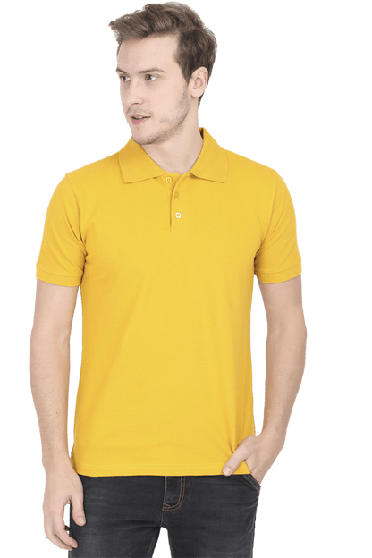 Man wearing a yellow plain polo T-shirt by Bonzo Peters, made from premium brushed fleece and super combed cotton, offering comfort and breathability.