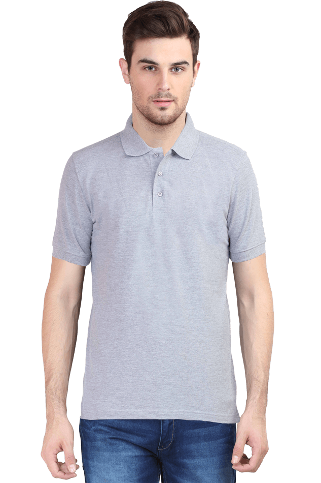 Man wearing a plain grey Bonzo Peters polo T-shirt, showcasing premium quality and comfortable fit.