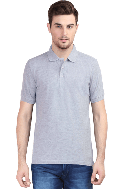 Man wearing a plain grey Bonzo Peters polo T-shirt, showcasing premium quality and comfortable fit.