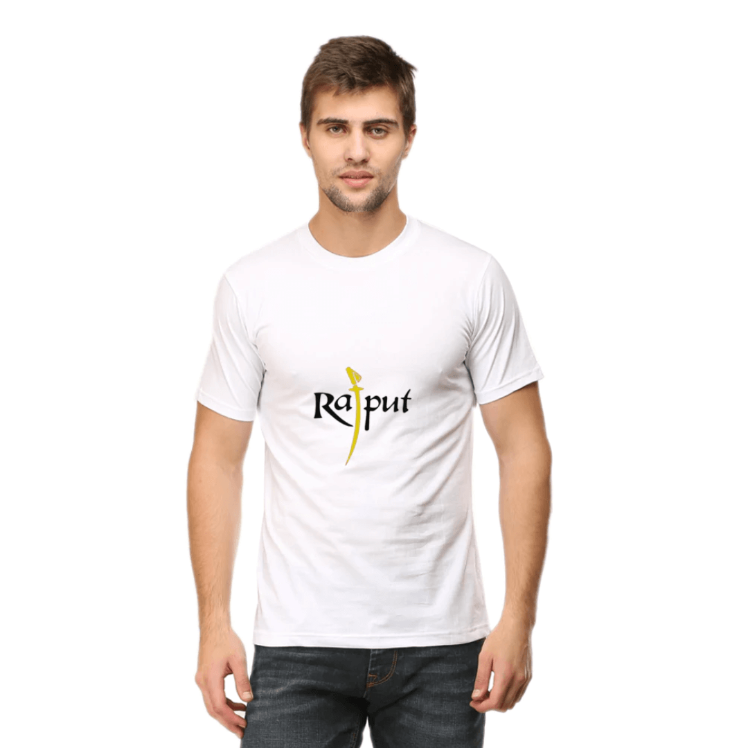 Man wearing a white Rajput Round Neck Tshirt with a sword design and text logo.
