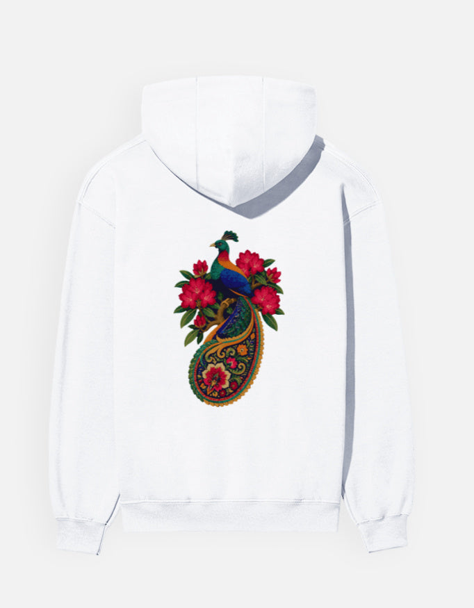 Monal hoodie in White – Himalayan monal pheasant on a floral paisley back print, back view, Bonzo Peter's
